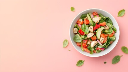 Colorful Veggie Stir-Fry in a White Bowl on Soft Pastel Peach Background