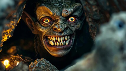 A menacing goblin emerges from a rocky cave, showcasing sharp teeth and glowing eyes. Fiery light casts eerie shadows, creating a striking image for horror or fantasy projects.
