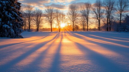 Winter Sunrise with Tree Silhouettes and Long Shadows on Snow