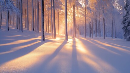 Naklejka premium Golden Sunlight Streaming Through a Snow-Covered Forest