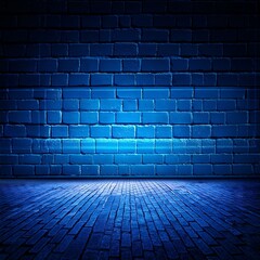 blue neon light on a brick wall at night