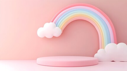 Pastel-Colored Podium with Cute 3D Rainbow Above on Minimal Background with Copy Space for Text