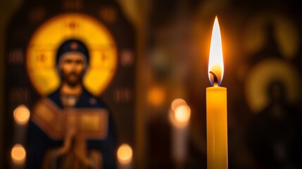 A single candle, lit in front of an icon of the revered Saint Mary and Theotokos, concept of orthodox holidays, prayer, religious sacrament, God's help, prayer to the Virgin Mary © Elena