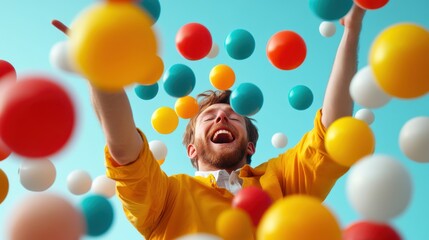 A cheerful person is captured in the act of juggling colorful balls against a blue background, exuding a sense of fun and playfulness in this lively image.