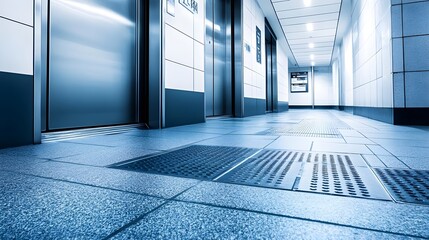 Modern hallway with elevators and tile floor
