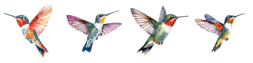Obraz premium Stunning photographs capturing the vibrant iridescent hummingbirds in mid flight showcasing their delicate features swift movements and natural grace as they hover and feed on nectar in a lush