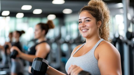 Fototapeta premium A cheerful woman in a gym wearing workout attire and lifting weights, capturing a moment of fitness and positivity in a bright environment.