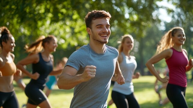 Fitness, sports, and healthy living: Happy group exercising with a trainer in a summer park.