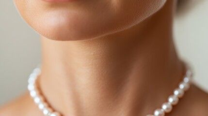 An elegant portrait of the same woman wearing a delicate pearl necklace, focusing on her neck and the lower part of her face, radiating sophistication and classic beauty.