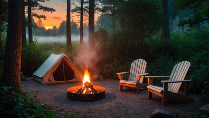 숲속의 캠핑장에서 즐기는 모닥불 