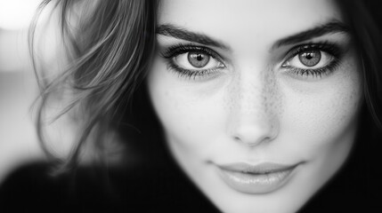 Fototapeta premium A close-up in monochrome highlights a woman's intense and captivating gaze, evoking deep emotion and profound connection through striking detail and contrast.