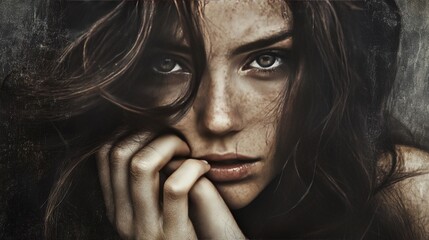 Facial and hand expressions of a pensive woman