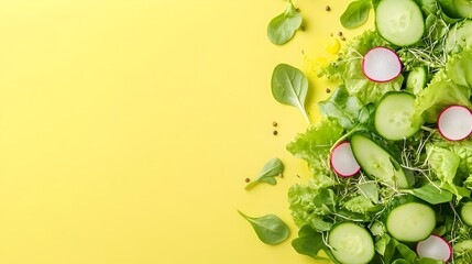 Healthy Green Salad with Cucumbers,Radish and Sprouts on Pastel Yellow Background