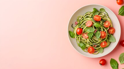 Zucchini Noodles with Pesto and Cherry Tomatoes on Pastel Background