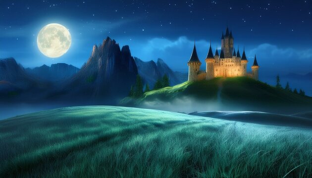castle on the hill at night. composite fantasy landscape. grassy meadow in the foreground. rocky peaks of the ridge in the distant background in full moon light