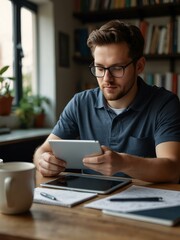 Man using a tablet and laptop for digital technology tasks.