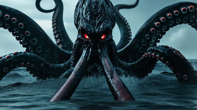 A colossal sea monster with dark skin and glowing red eyes rises from a stormy ocean. Its sinuous tentacles glisten, embodying mystery and fear, perfect for fantasy and horror themes.
