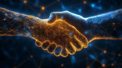 Blue handshake with glowing business idea