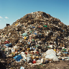 Mountain of garbage with blue sky in the background 