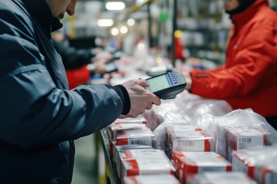 A Man Scanning Packages with a Handheld Device in a Warehouse