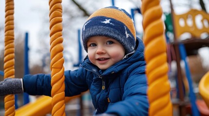 A child dressed in a blue jacket and a winter hat enjoys the playground, bringing warmth and happiness to a chilly day with a sense of youthful playfulness.