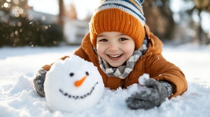 A warmly bundled child shares joy with a snowman having an orange carrot nose and dark coal eyes, embodying a delightful winter experience amidst fresh snow.