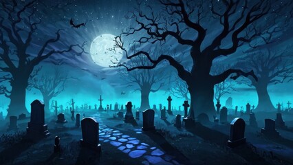 A haunting graveyard under the full moon, with twisted trees and tombstones casting eerie shadows, creating a dark and mysterious atmosphere