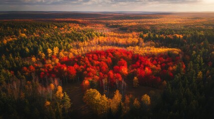 Aerial View of an Autumnal Forest with Vibrant Red and Yellow Foliage