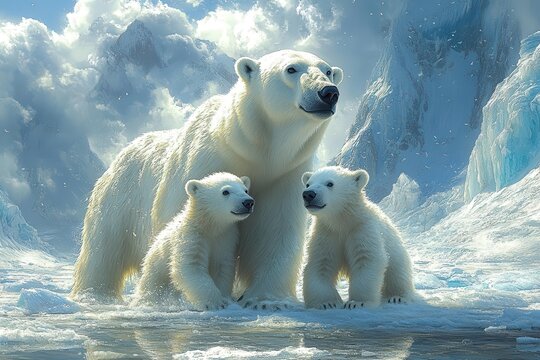 majestic polar bear mother nuzzling two playful cubs amidst a pristine arctic landscape of glistening snow and towering ice formations