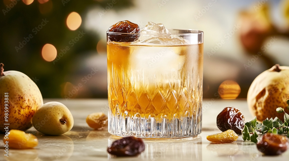 Wall mural glass of amber-colored cocktail with ice, garnished with a date, surrounded by fresh pears and dried