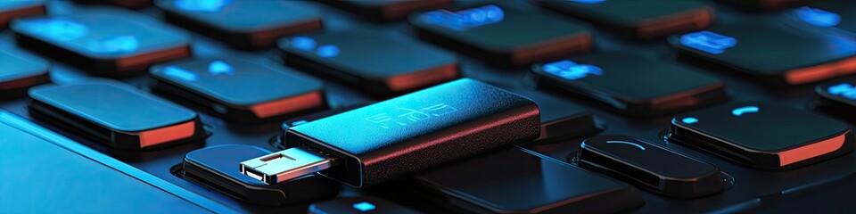 the data flash drive is on the keyboard. Selective focus