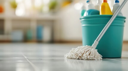 A mop and a bucket filled with various cleaning supplies placed on a shiny tiled floor in an indoor setting, representing cleanliness and tidiness at home or office.