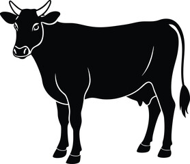 Fototapeta premium A domestic animal of a Cow silhouette vector art illustration with full body black and white color design.
