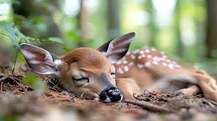 A small fawn deer is seen peacefully sleeping in a lush forest environment, highlighting the tranquility, beauty, and innocence of wildlife in their natural habitat.