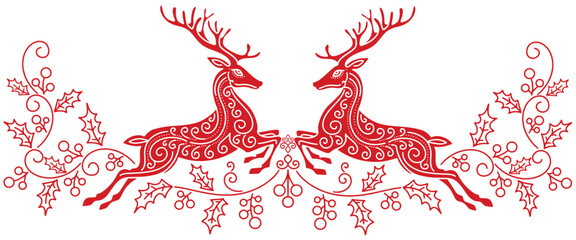 christmas deer. deer and holly berry line art ornament style dividers borders vector eps