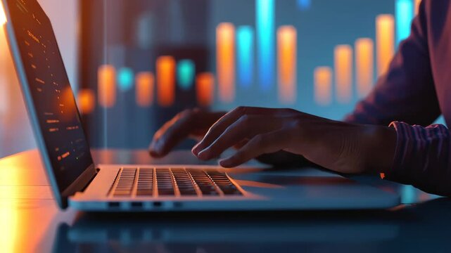 A close-up of male hands typing on a laptop, lit by a warm desk lamp, with vibrant blue and orange data visuals in the background, conveying productivity and innovation.