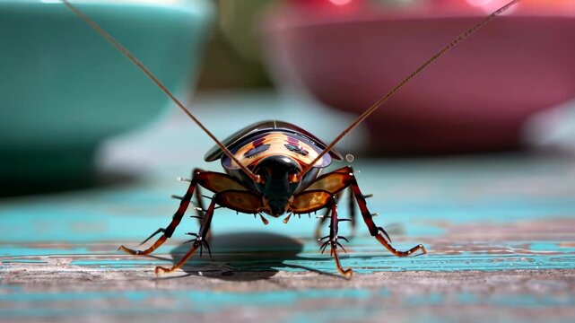 A vibrant cockroach rests on a rustic wooden surface, showcasing its intricate patterns and glossy exterior. Soft bokeh in the background enhances the natural setting. Ideal for educational use.
