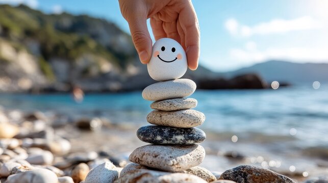 A hand is seen placing a stone with a smiley face atop a balanced stack of pebbles on a sunny beach, conveying tranquility and harmony with a scenic backdrop.