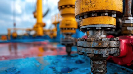 Detailed shot of hydraulic fracturing equipment on an oil rig, with hoses, pumps, and pressure control systems