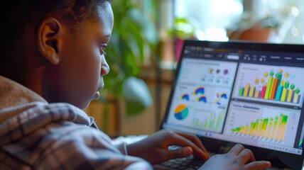 teen creating a digital presentation on a laptop, analyzing colorful graphs and charts,National STEM Day