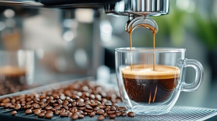 A close-up image of an espresso machine brewing a rich, creamy coffee into a clear glass mug, with coffee beans scattered around and a blurred background.