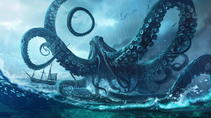 Fototapeta premium A kraken surfacing from the deep ocean, its tentacles wrapping around a ship