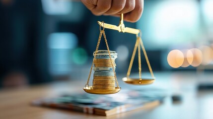 A hand holding up a golden scale, balancing different global currencies