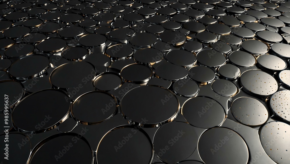 Poster metallic surface with uniform circular patterns reflecting light.