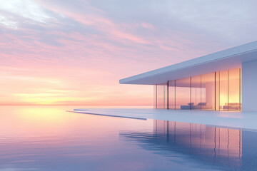 Fototapeta premium minimalist villa with sea in dawn . AI generative.