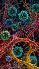 Microscopic pathogens visualized in color, both educational and captivating.