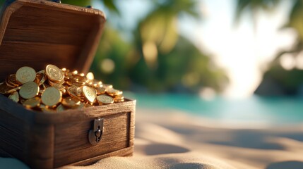 A wooden treasure chest filled with shiny gold coins sits open on a sandy beach, with palm trees and a serene ocean background, evoking a sense of adventure and wealth.
