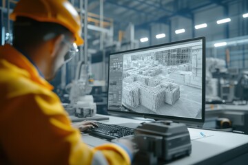 Fototapeta premium Industrial Worker Using Computer to Analyze 3D Model of a Building