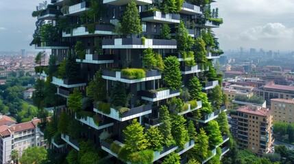Obraz premium Futuristic Vertical Forest Residential Tower with Lush Greenery and Eco Friendly Design in Urban Cityscape