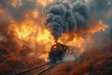majestic steam locomotive barreling through misty countryside billowing smoke gleaming metal nostalgic railway scene